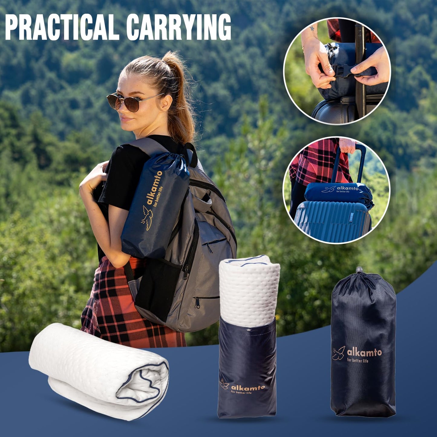 alkamto Memory Foam Pillow for Travel and Camping with Extra Cotton Cover – Easy to Carry Portable Bag (White)