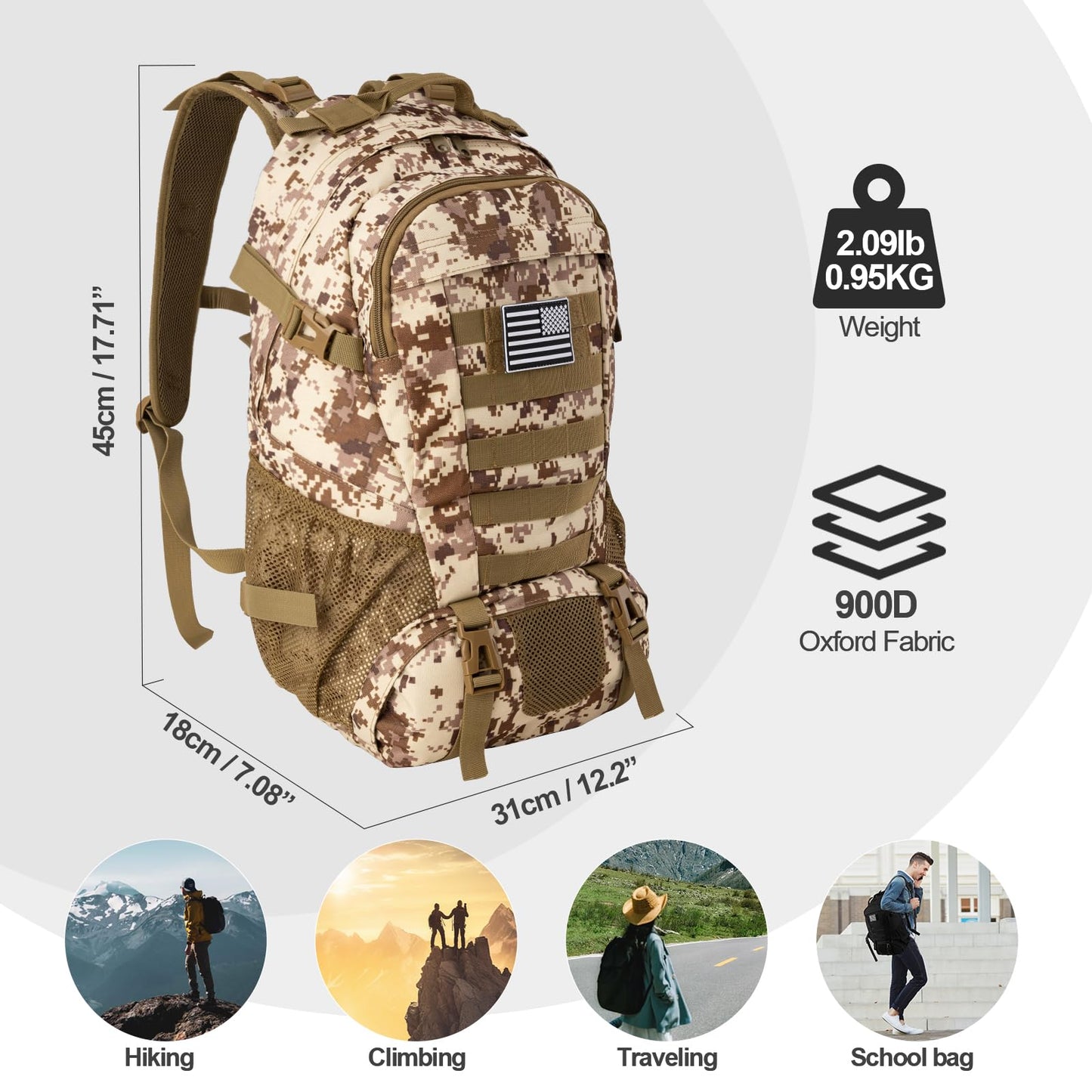 Jueachy Tactical Backpack for Men Hiking Day Pack Molle Military Rucksack Waterproof 30L EDC Bag with USA Flag Patch Desert Camo Style