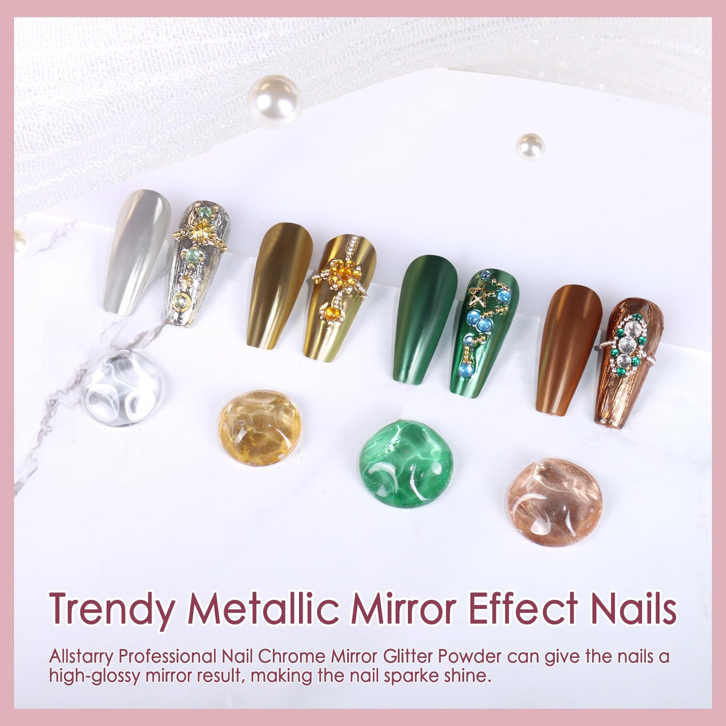 Allstarry Gold Green Chrome Nail Powder, 4 Colors Metallic Mirror Effect Chrome Powder Manicure Glitter Kit for Gel Polish St Patricks Day Nail Art St Patty's Day Accessories - Metallic Dark Green