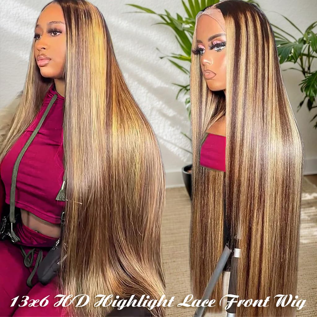 ALLRUN Highlight Lace Front Wig Human Hair 13x6 Highlight Wigs Human Hair Straight P4/27 Highlight Ombre Human Hair Honey Blonde Wig Hd Lace Front Wigs Pre-Plucked With Baby Hair 22 Inch