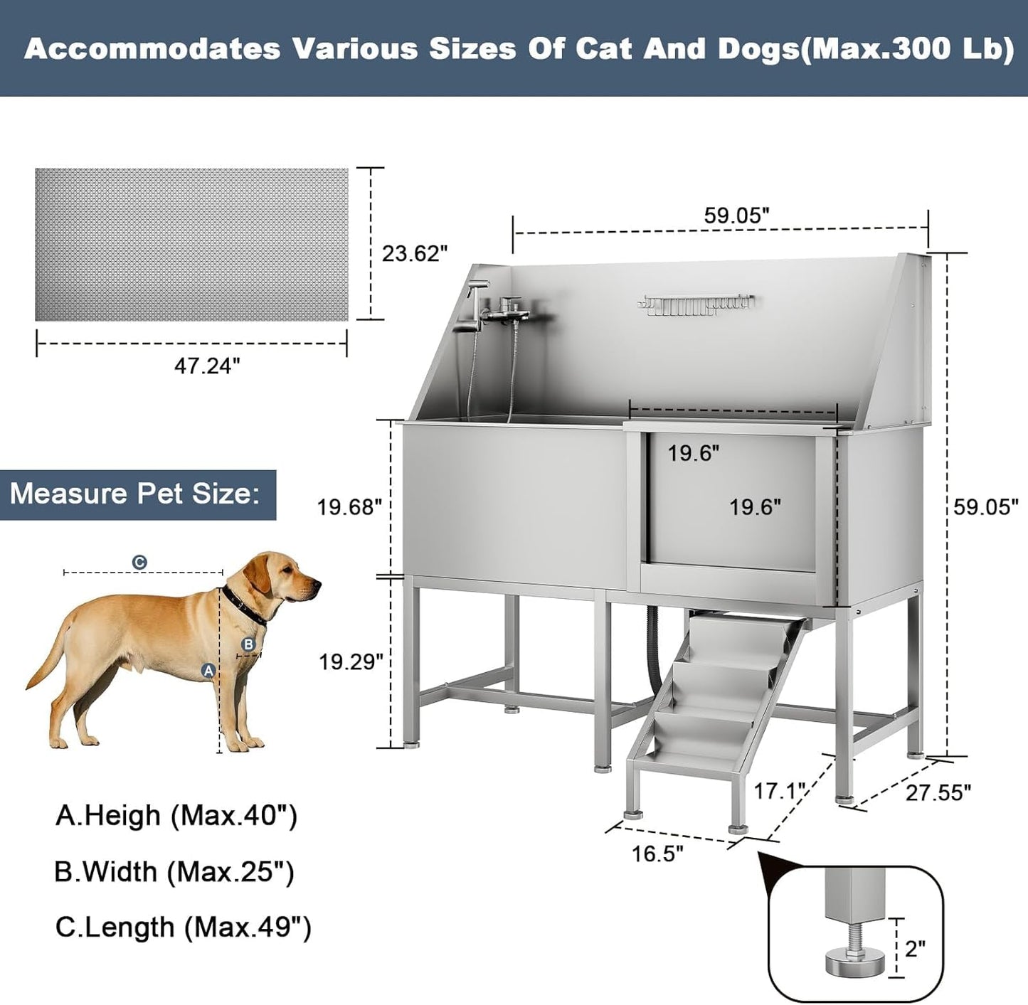 62" Professional Stainless Steel Dog Bathing Tub for Large Dogs， Heavy Duty Pet Washing Station with Non-Slip Floor Grate, Bath Brush & Washing Gloves，Right Door Design for Easy Access (Fits Pets)