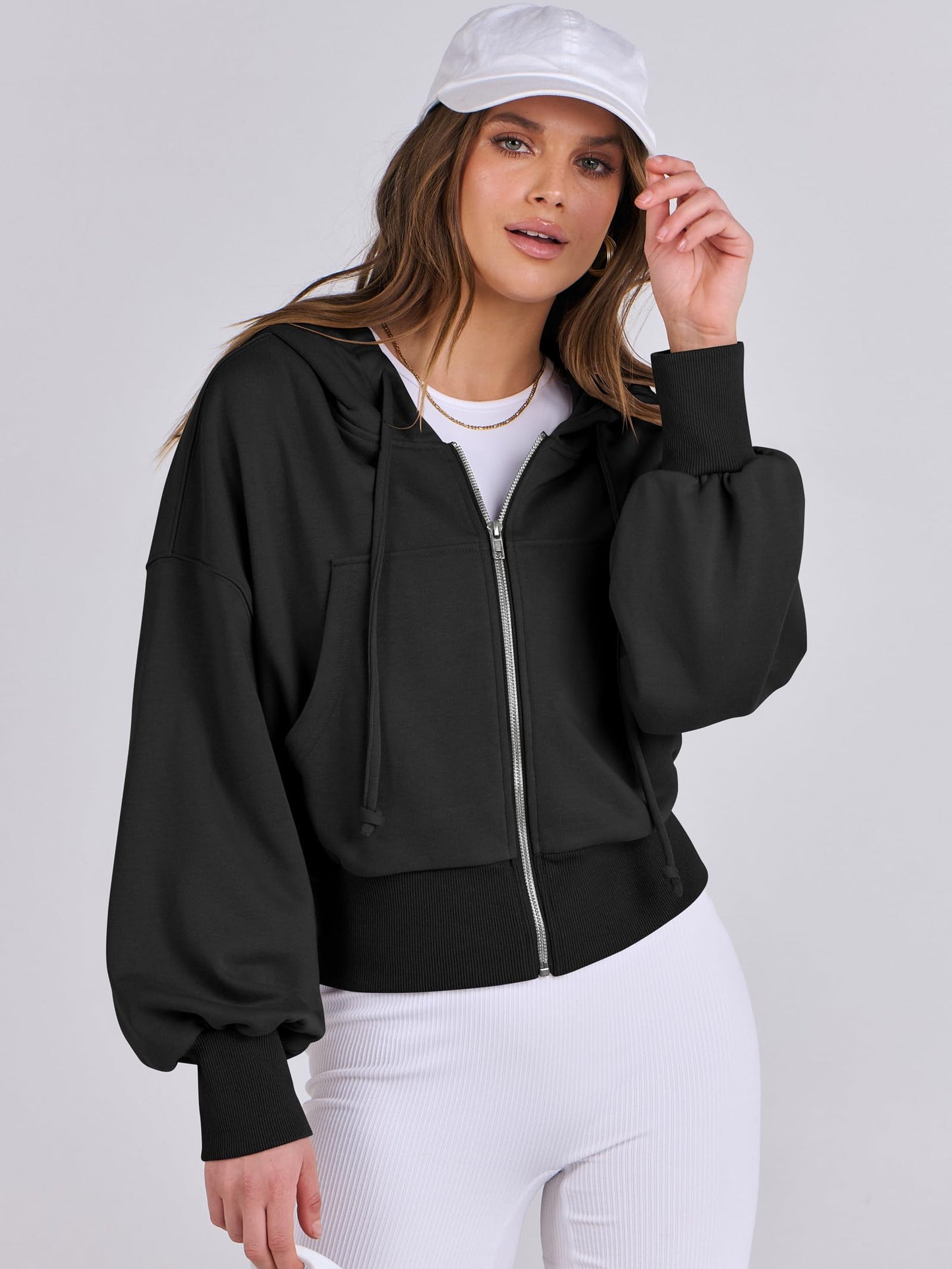 ANRABESS Women's Zip Up Hoodies Cropped Sweatshirts Full Zip Jackets 2024 Casual Fashion Fall Outfits Winter Clothes Black Medium