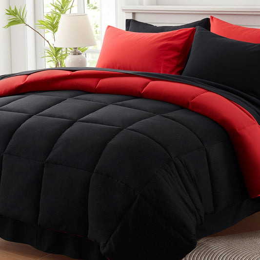 Anluoer Queen Comforter Set 7 Piece, Reversible Bed in a Bag Queen Size, Lightweight Bedding Set with 1 Comforter(88"*88"), 2 Pillow Shams, 2 Pillowcases, 1 Flat Sheet, 1 Fitted Sheet, Red & Black