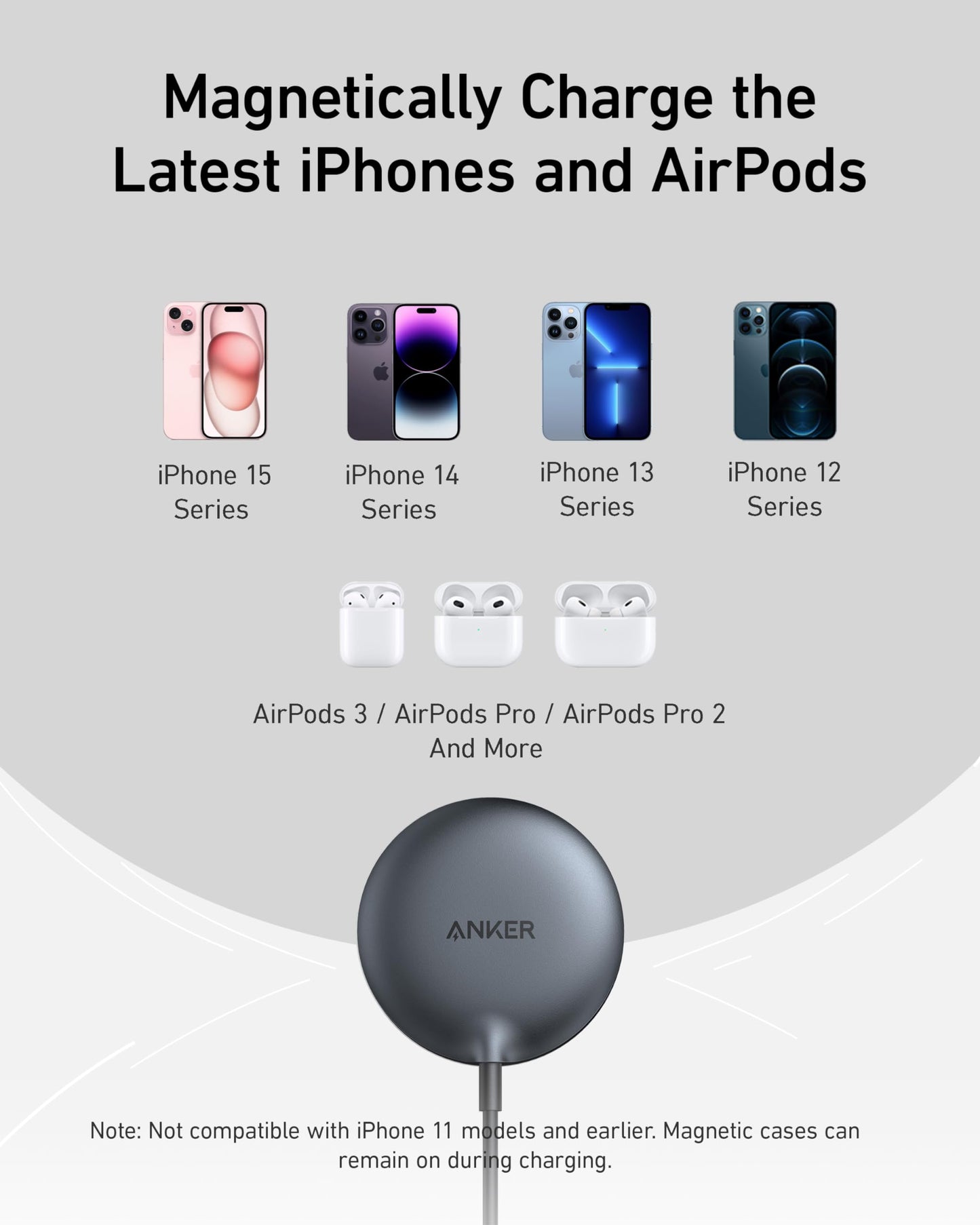 Anker MagSafe Charger Pad, MagGo iPhone 16 Wireless Charging Pad, Qi2 Certified 15W Wireless Charger, Compatible with iPhone 16/16 Plus/16 Pro/16 Pro Max/15/14/13/12 Series (Adapter Not Included)