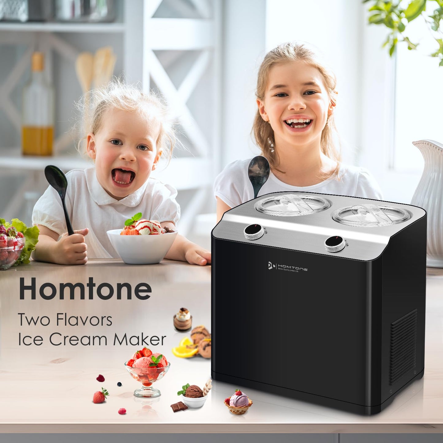 Homtone 2 Flavor Ice Cream Maker,Automatic Compressor Ice Cream Maker Machine with 2 Bowls,2.6QT (2 x 1.3qt) No Pre Freezing, Electric Gelato Maker & Sorbet Maker, 3 Modes, Keep Cool Function