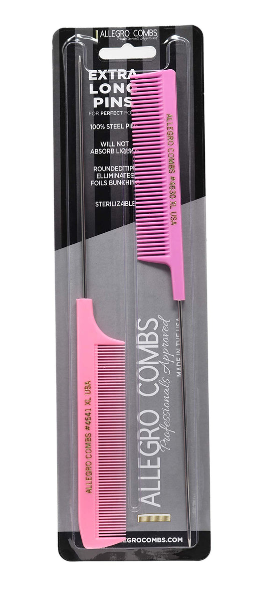 Allegro XL Pintail Rat Tail & Parting Combs - Metal Tail Foiling & Pin Combs (2 Pc., PINK)