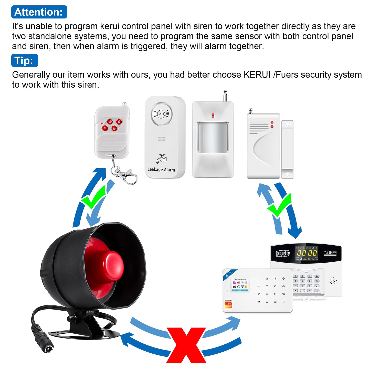 KERUI Standalone Home Office Shop Security Alarm System Kit,Wireless Loud Indoor/Outdoor Weatherproof Siren Horn with Remote Control and Door Contact Sensor,Motion Sensor,Up to 115db,NO WiFi/GSM/APP