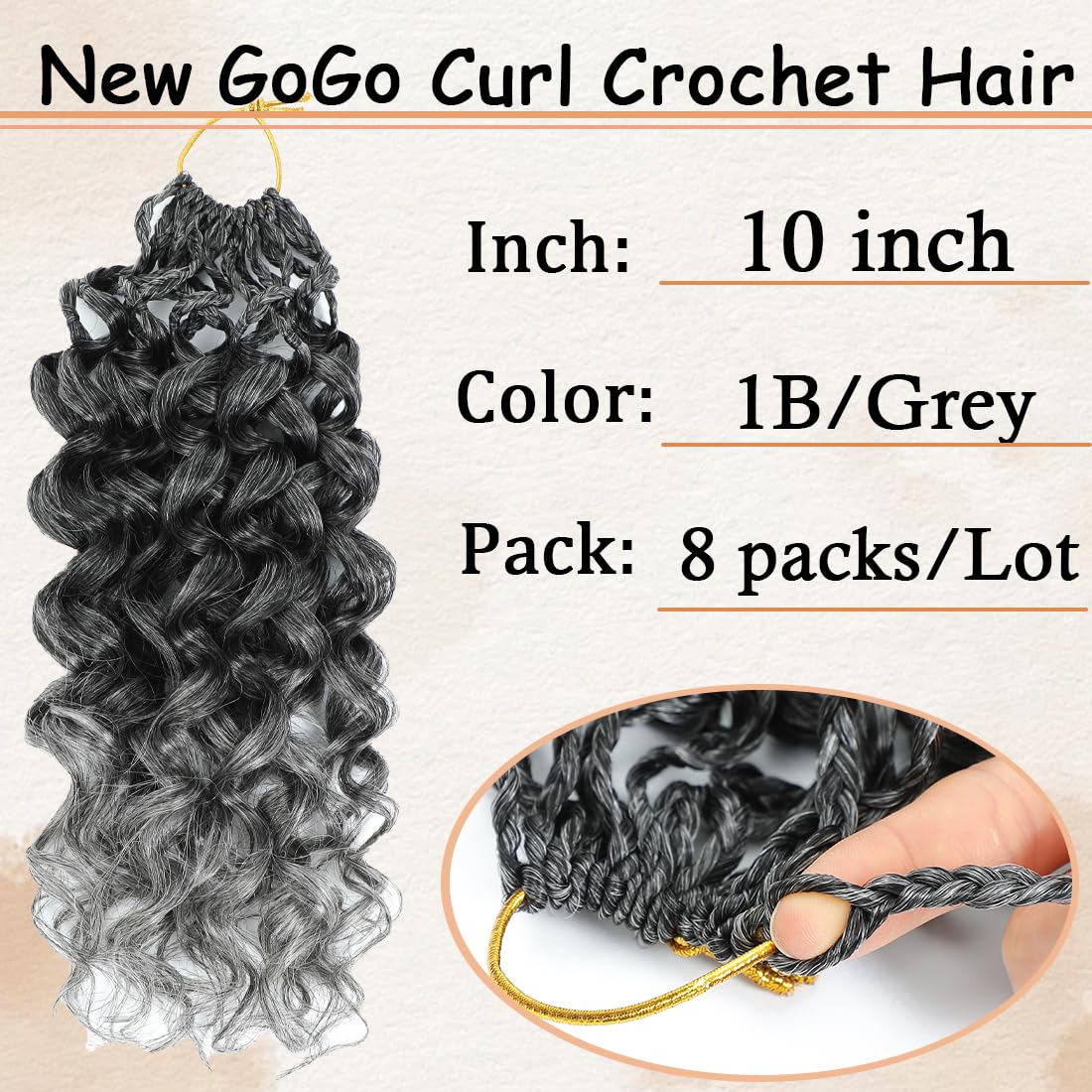 Naniciar Pretwisted Gogo Curl Crochet Hair 10 Inch 8 Packs Short Curly Crochet Hair for Women Pre looped Ocean Wave Crochet Hair Water Wave Crochet Braiding Hair (10 inch 8 packs 1B/Grey)