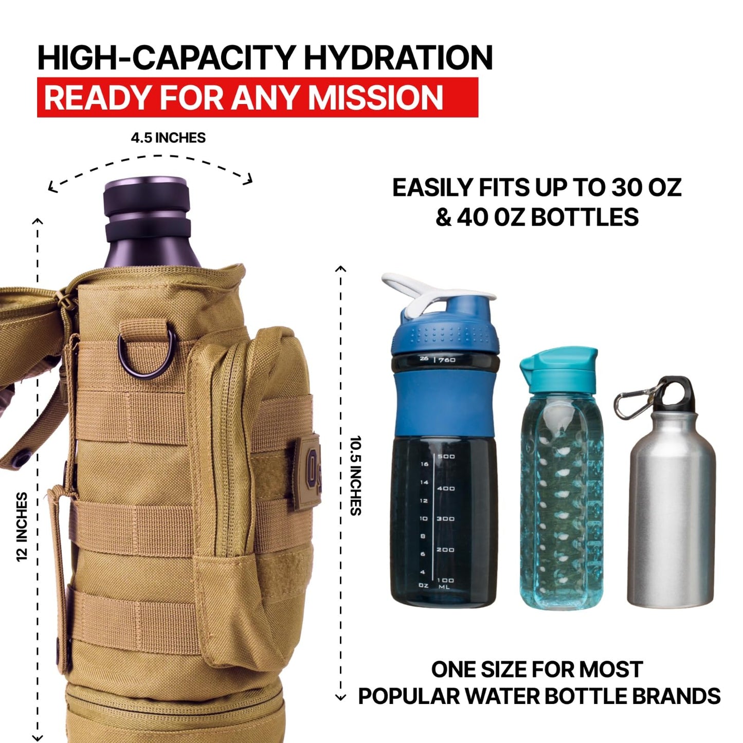 Orca Tactical Molle Water Bottle Pouch - Molle Water Bottle Holder with Strap - Water Bottle Carrier with Multiple Storage Options (Coyote Brown)