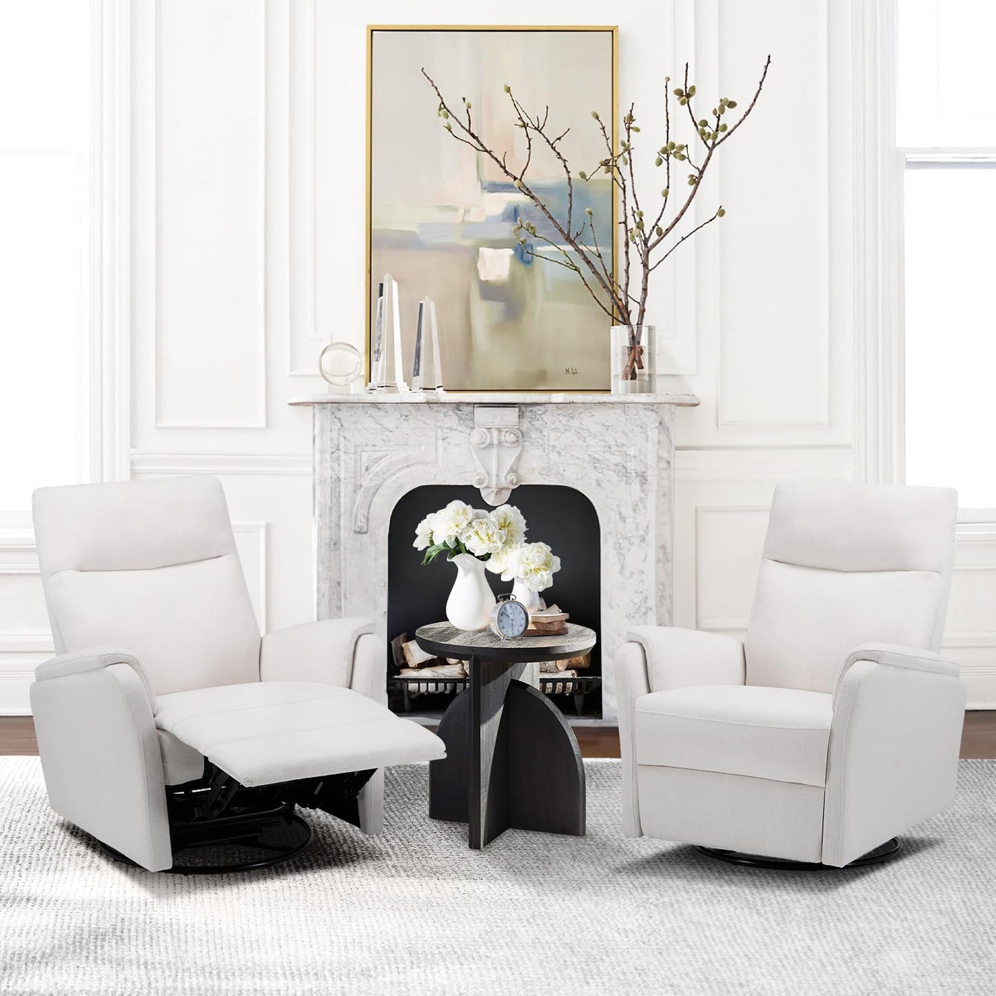 COLAMY Swivel Rocking Recliner Chair, Nursery Rocker Glider Recliner with Extra Large Footrest, Deep Seat, High Back, Upholstered Fabric Reclining Single Sofa for Living Room-White