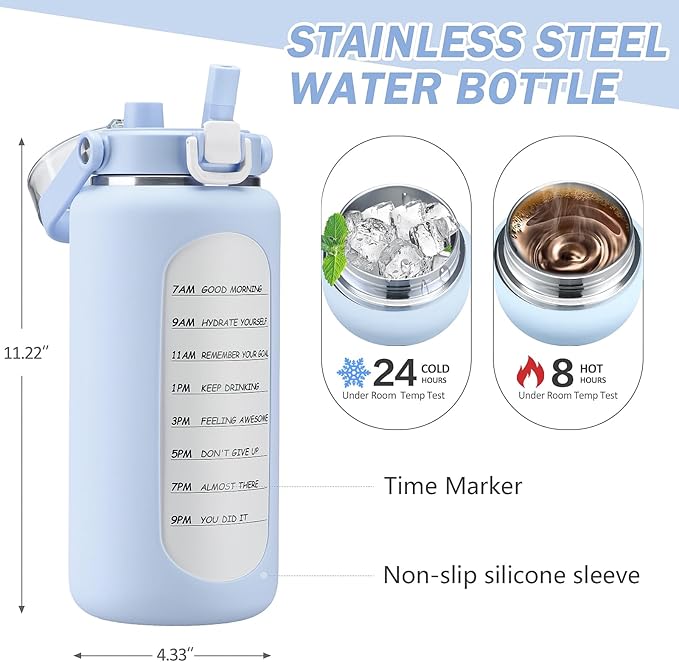 BLUEGO 64oz Insulated Water Bottle with Straw and Handle Leakproof Half Gallon Wide Mouth Motivational Water Bottle, 2-IN-1 Straw Spout Lid Stainless Steel Water Jug for Sport Travel Gym-Light Blue