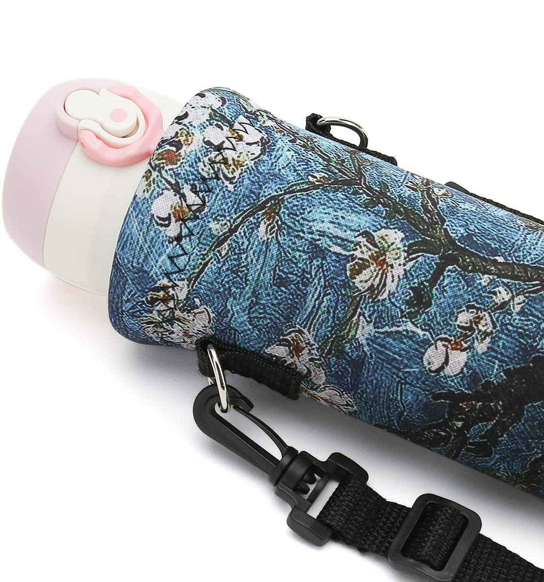 RICHEN Neoprene Water Bottle Carrier Bag with Adjustable Shoulder Strap,Insulated Water Bottle Cover for 500ml/16oz Stainless Steel/Glass/Plastic Bottles (Apricot Flowers,500ML)