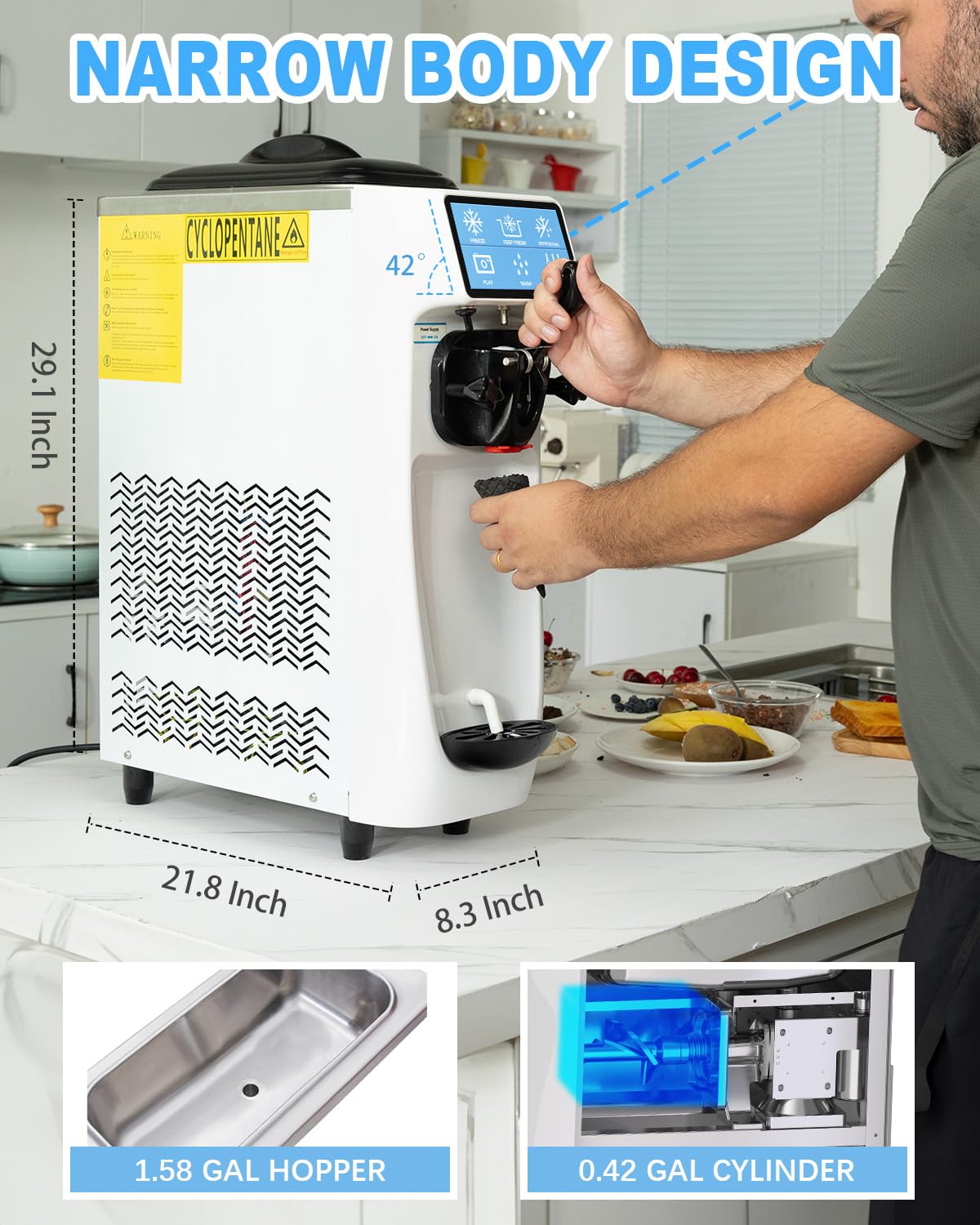 Soft Serve Ice Cream Machine, 7 Inch Screen Ice Cream Maker Machine 4.2 to 4.6 Gal/H Ice Cream Maker Machine with Pre-Cooling Soft Serve Machine with 1.6 Gals Tank for Party Store School Home