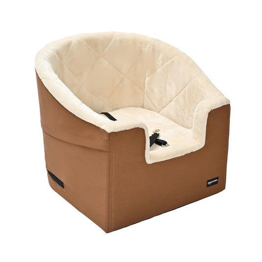 Amazon Basics Pet Car Booster Bucket Seat for Small Pets up to 25lbs, Machine Washable Cover, Clip-On Safety Leash, 18" x 18" x 16", Tan