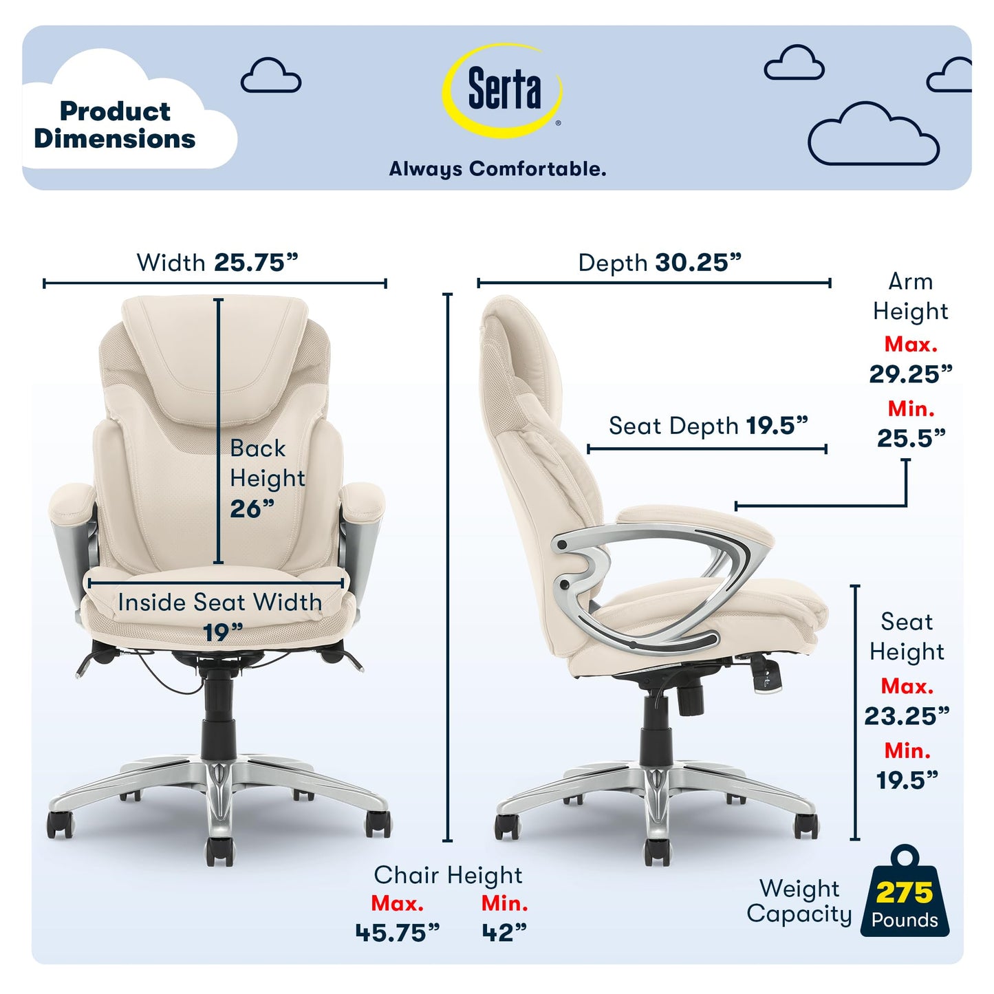 Serta Bryce Executive Office Chair, Ergonomic Computer DeskChairs with Patented AIR Lumbar Support, Comfy Body Pillows, Height Adjustable, Swivel Base with Wheels, Bonded Leather, Cream White