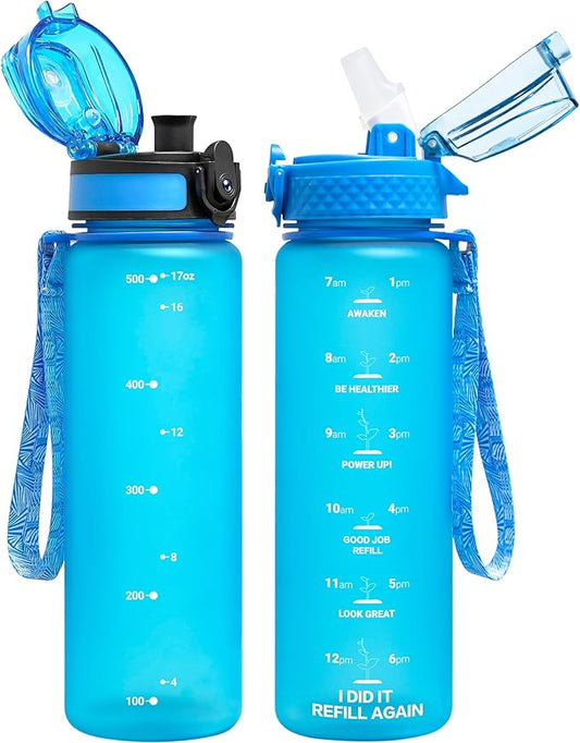 OLDLEY Kids Water Bottle for School, 17 oz (2 lids) BPA-Free Reusable Leak-proof Durable Tritan Plastic Water Bottles with Straw & Chug Lids, Anti-dust Spout Cover (Blue)