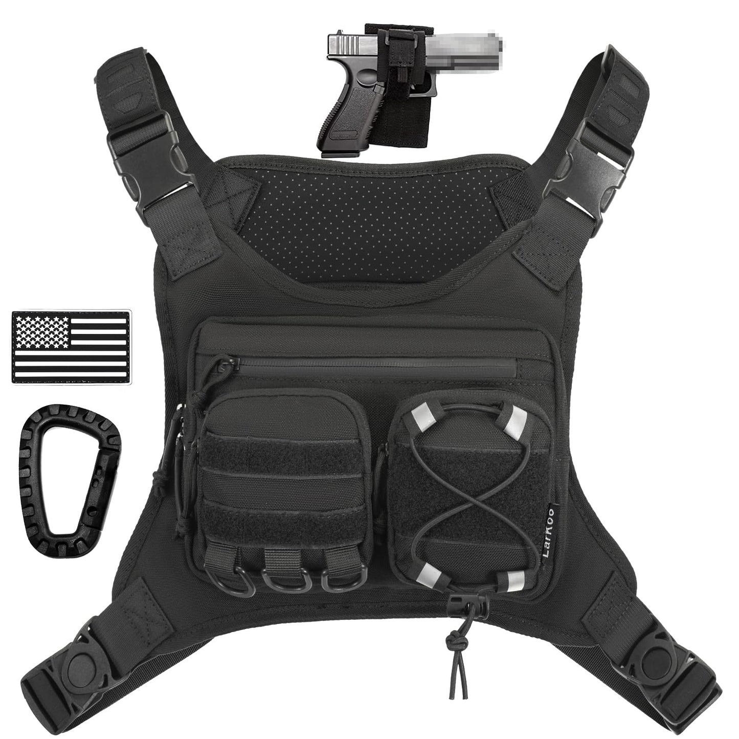 LarKoo Sports Chest Bag for Men & Women EDC Pouch Bag Chest Vest Holster Fits Most Pistols, Adjustable IFAK Travel Chest Pack for Running, Hiking, Workouts… (Black)