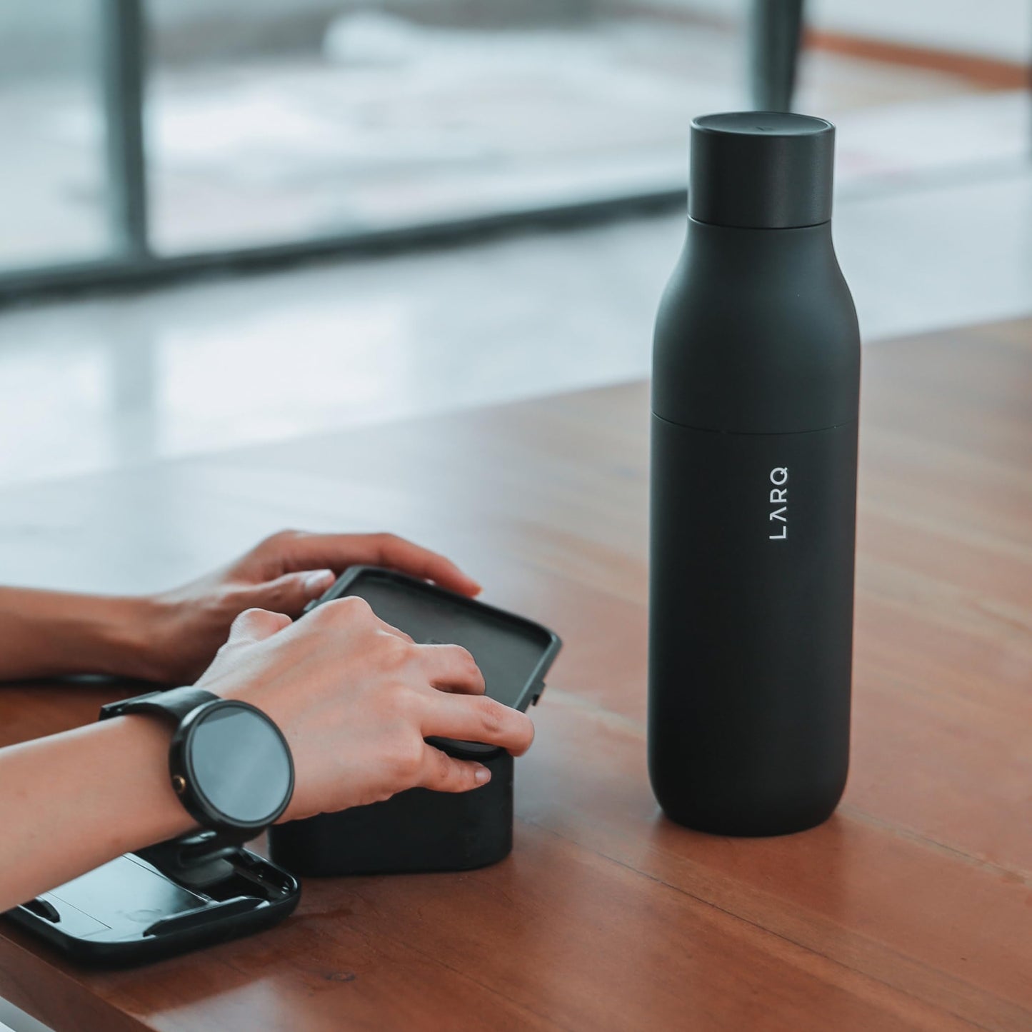 LARQ Bottle PureVis 25 oz - Self-Cleaning and Insulated Stainless Steel Water Bottle with UV Water Purifier and Award-winning Design | Reusable & Travel Friendly, Obsidian Black
