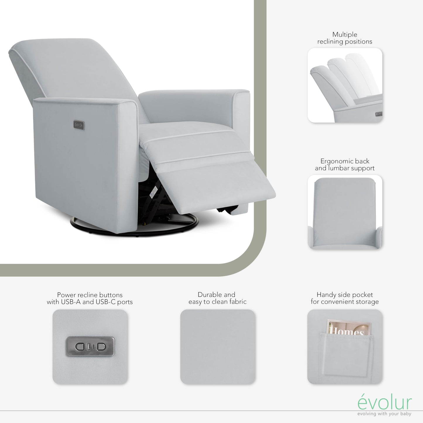 Evolur Harlow Deluxe Upholstered Plush Seating Glide Rocker, Swivel, Power Recliner with USB Port, Greenguard Gold Certified, Glider Chair for Nursery in Misty Grey