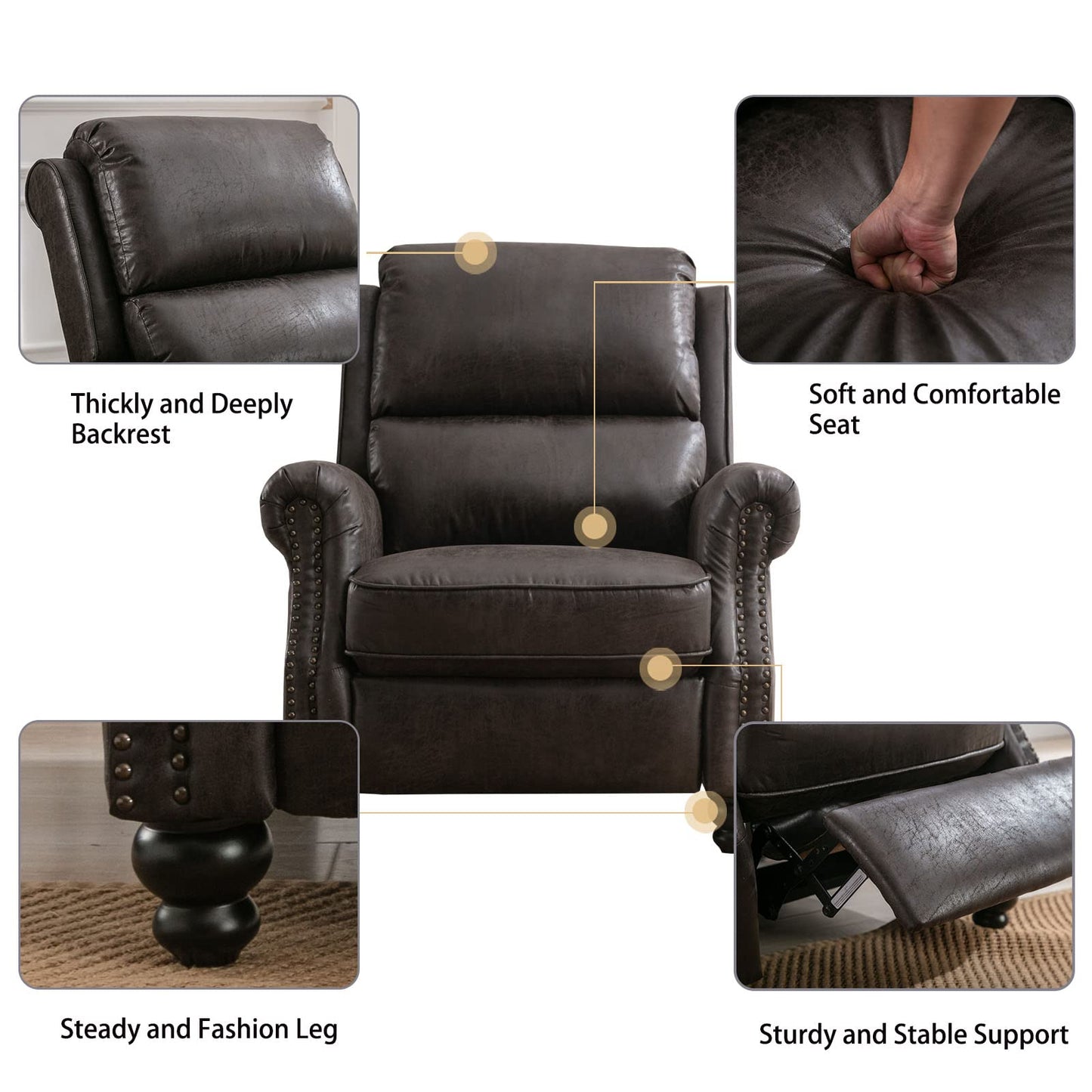 CANMOV Pushback Recliner Chair Faux Leather Armchair Push Back Recliner with Rivet Decoration Single Sofa Accent Chair for Living Room, Dark Grey