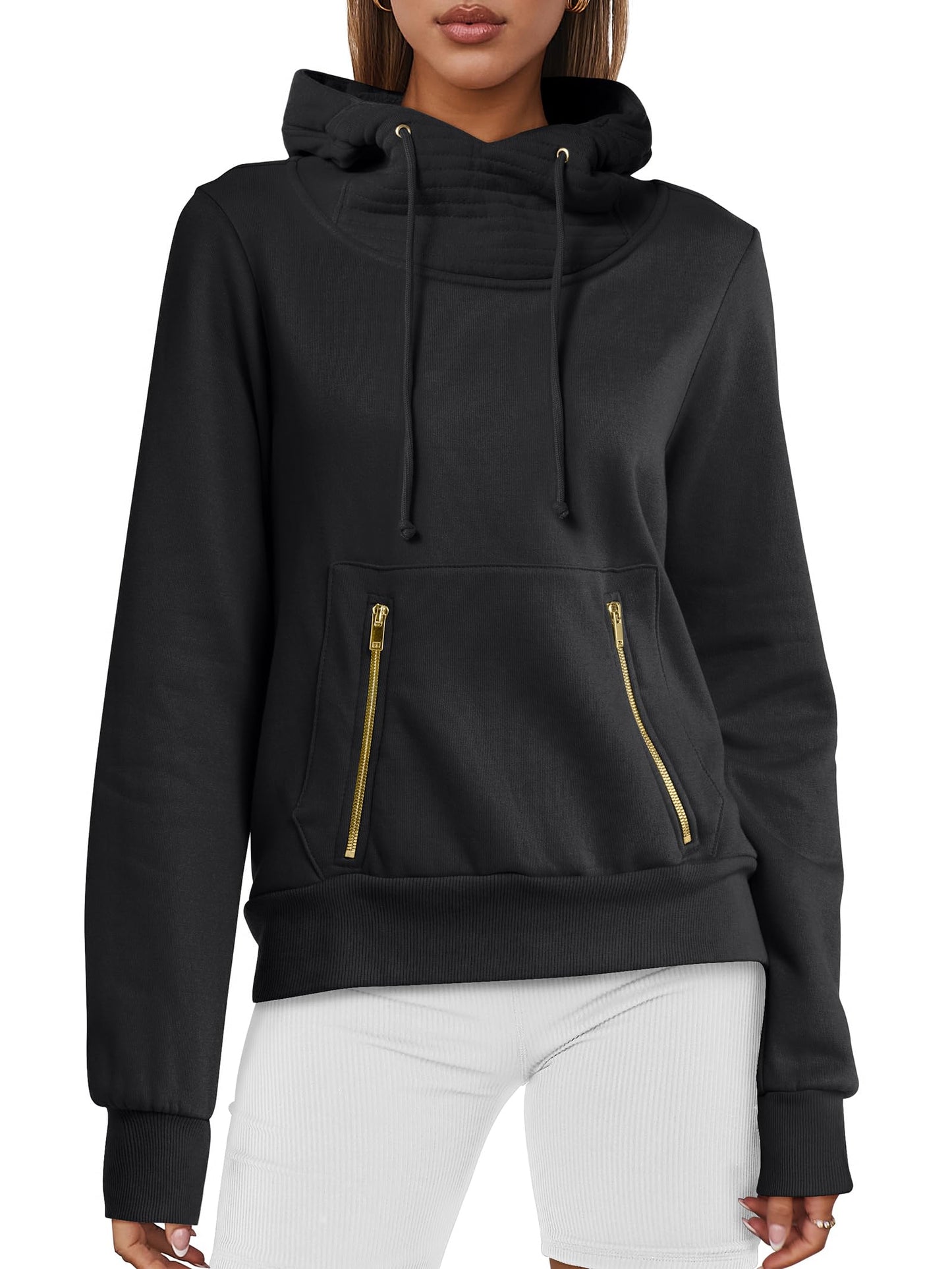 ANRABESS Womens Hoodie Cowl Neck Long Sleeve Sweatshirts 2024 Winter Fashion Pullover With Drawstring Teen Girls Clothes Black Small