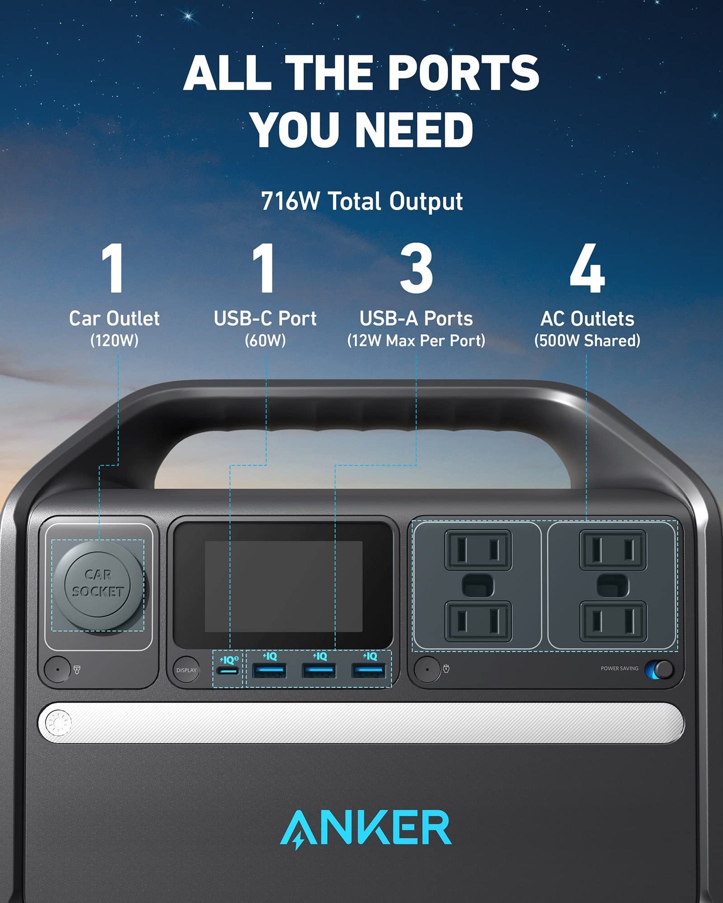 Anker 535 Portable Power Station, 512Wh Solar Generator (Solar Panel Optional) with LiFePO4 Battery Pack, 500W 9-Port Powerhouse, 4 AC Outlets, 60W USB-C PD Output for Outdoor Camping, RV(Anker Solix)