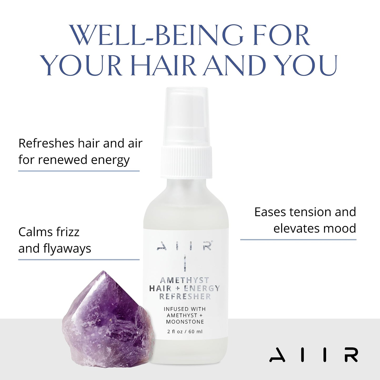 AIIR Amethyst Hair + Energy Refresher - 2 Fl Oz Crystal Infused Room and Hair Mist with Rose Water for Positive Energy Cleansing