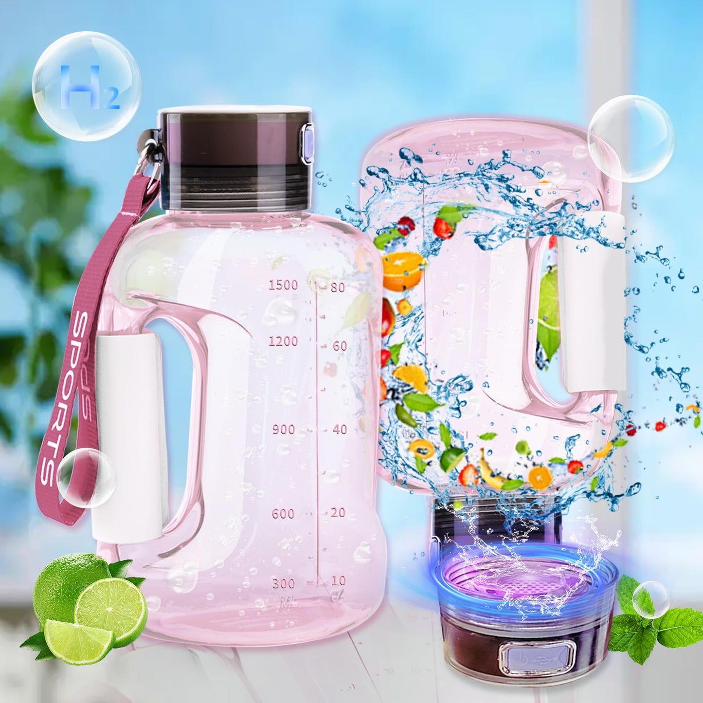 1.5L Large Capacity Hydrogen Water Bottle Generator, Hydrogen Water Bottle for Sports, Hydrogen Water Bottle Generator for Hydrogen Generation from Pyrolyzed Water, Gift for Sports Loving Friends(Colo