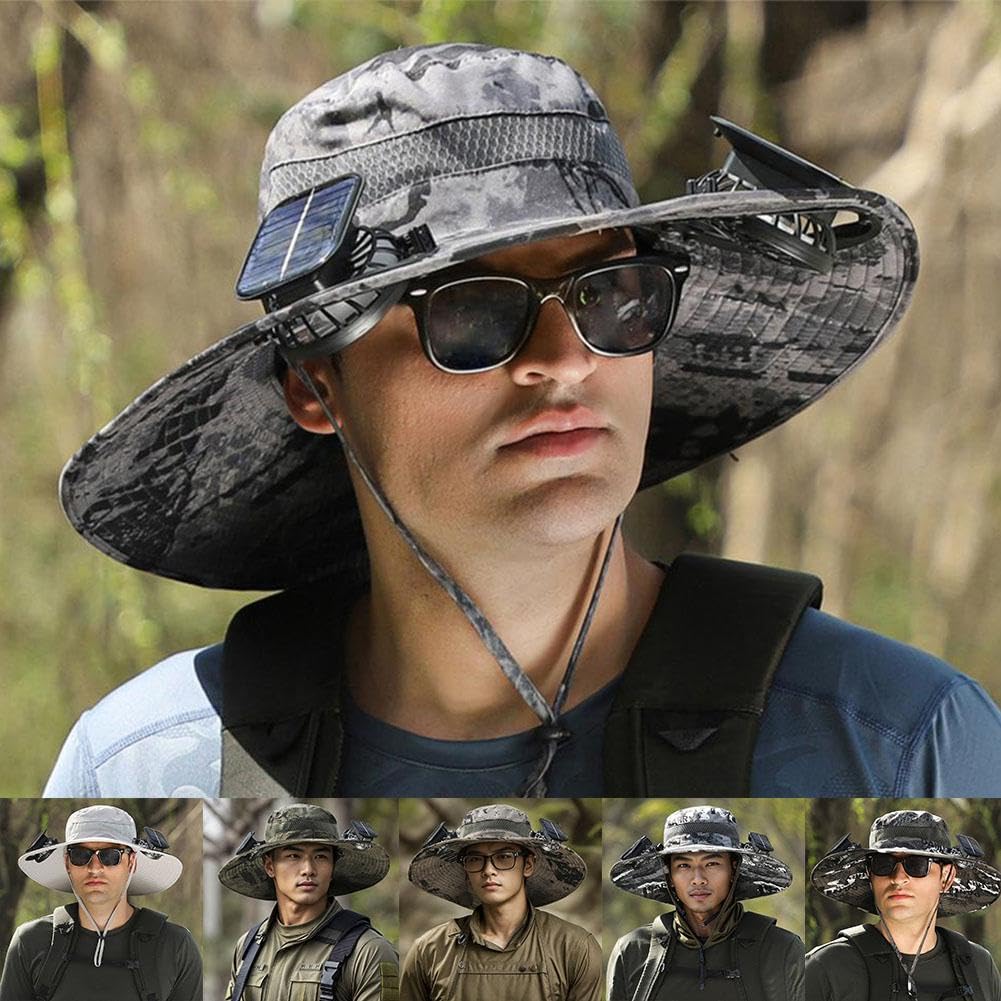 Wide Brim Sun Hat with 2 Solar Fan, Fishing Hat for Men, Solar Powered Fan Fishing Hats, 3 Speed Adjustable Fan Hat for Beach Garden Hiking Outdoor Sports
