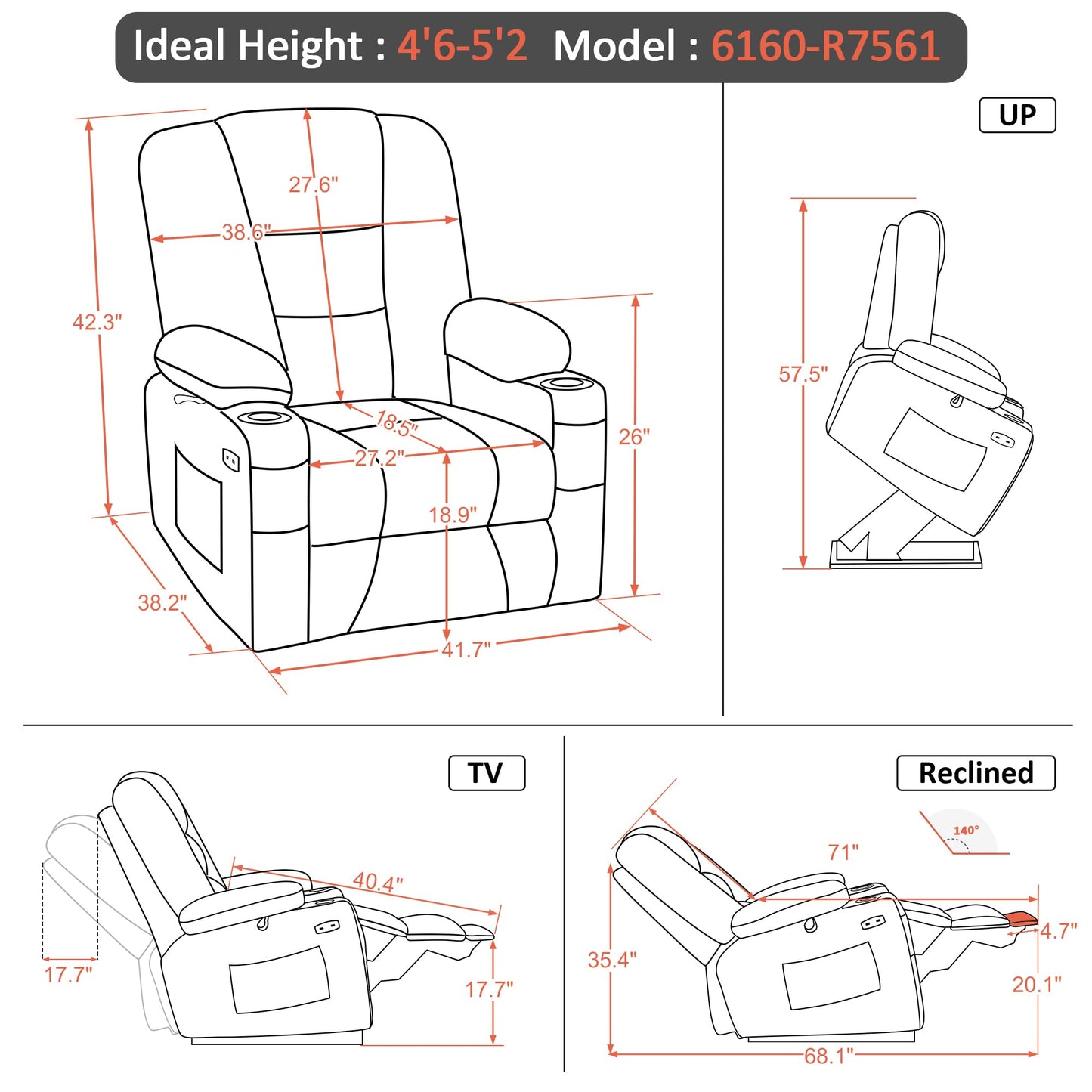 MCombo Oversized Power Lift Recliner Chair Sofa with Massage and Heat for Elderly People Petite, USB Ports, Side Pockets, Fabric R7561 (Burgundy, Small-Oversize)