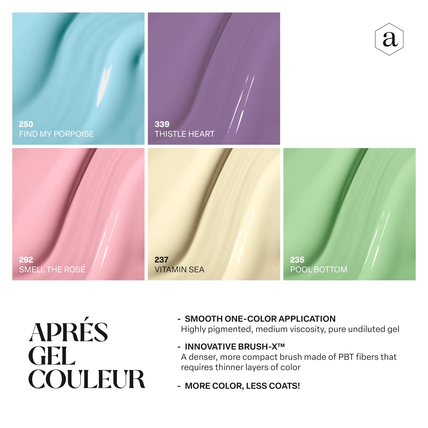 Apres Gel Couleur Combo Set, 5 Color Gel Nail Polish, Bright Nude Pastel Colors with Brush-X Nail Art Brush, 2024 Edition (Set 4)