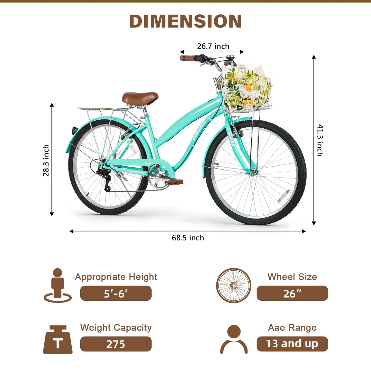 WEIZE Beach Cruiser Bike, 26 inch Commuter Bicycle for Adult Men and Women, 7-Speed/High-Carbon Steel/Front & Rear Fenders, Comfortable City Bikes with Rear Rack&Basket, Ergonomic Upright Design,Teal
