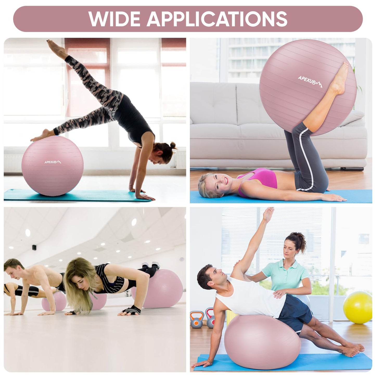 APEXUP Yoga Ball Exercise Ball, Anti Slip Stability Ball Chair, Heavy Duty Large Gym Ball for Fitness, Balance, Core Workout and Physical Therapy (S (15"~18") 45cm, Pink)