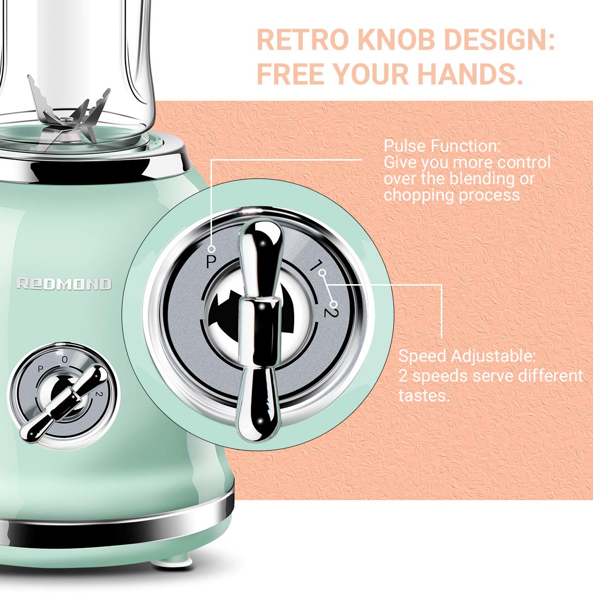 Personal Blender, REDMOND Powerful Smoothie Blender with 2 Portable Bottle 2 Speed Control & Pulse Function 6 Stainless Steel Blades, BPA Free (Green)