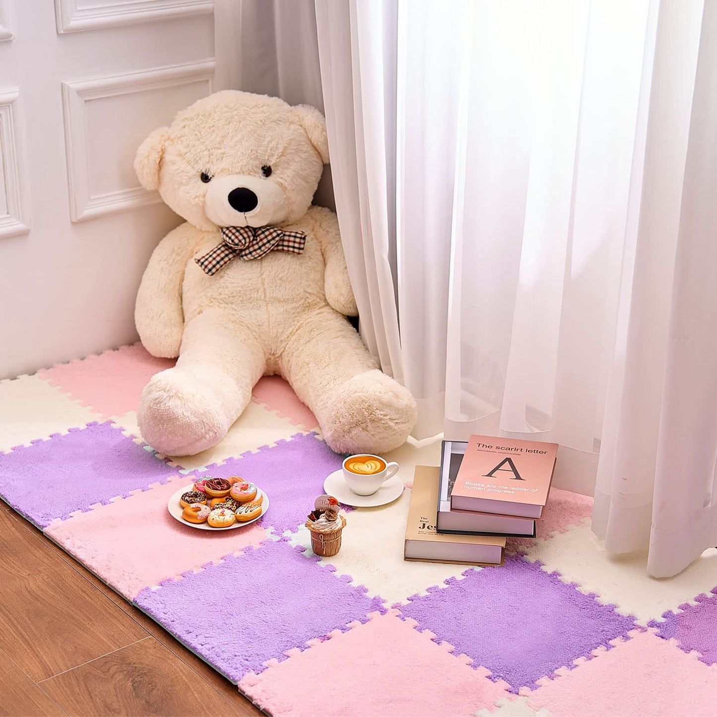 Amylove 72pcs Foam Floor Mat 12x12x0.4in Interlocking EVA Foam Mats with Border Soft Plush Fluffy Floor Tiles Interlocking Rug Climbing Area Carpet Squares for Home Playroom(White, Pink, Purple)