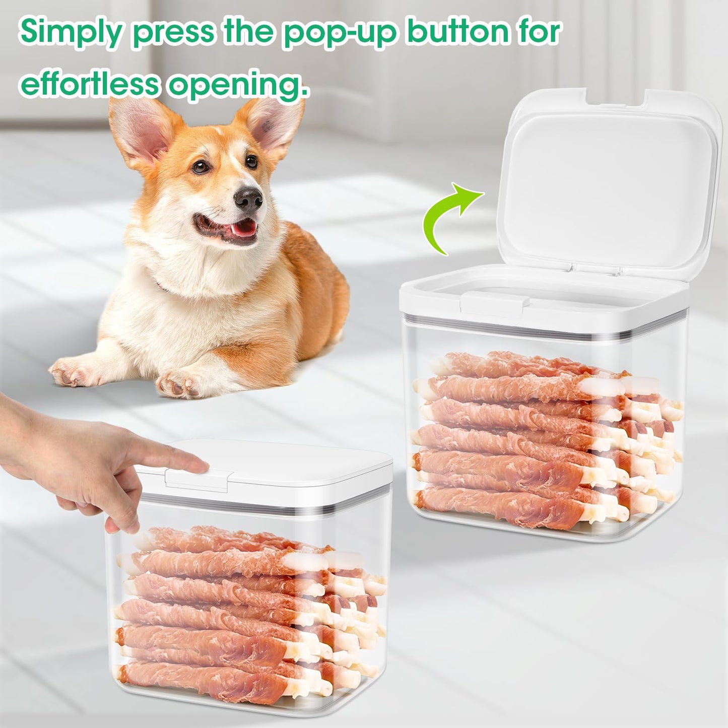 2 Pack Large Dog Treat Container Bins 2 Qt + 3 Qt with One-Press Flip-up Lid, Airtight Pet Dog Cat Treat Jar for Countertop, Pet Biscuit Canister Cookie Holder