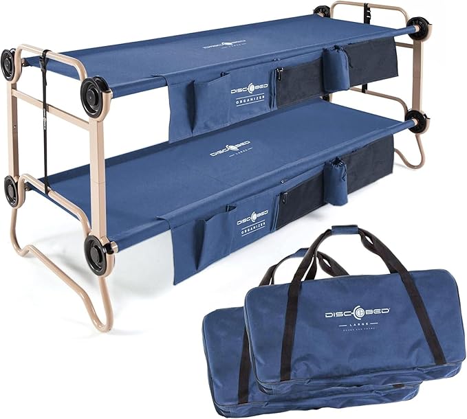 Disc-O-Bed Large Outdoor Convertible 2 Person Bench and Double Camping Cot Portable Bed Bunk System for Adults, Navy