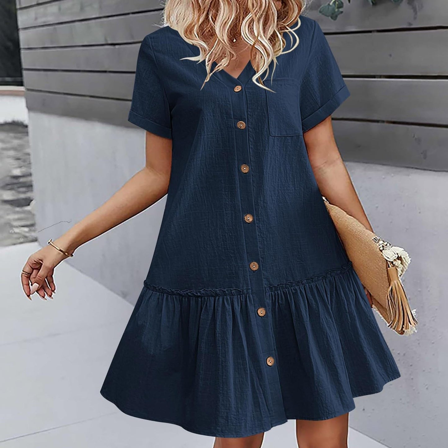 Aniywn Button Dresses for Women 2024 Casual Loose Summer Cotton Linen Dress Ruffle Hem Casual Dress Short Sleeve Tunic Dress