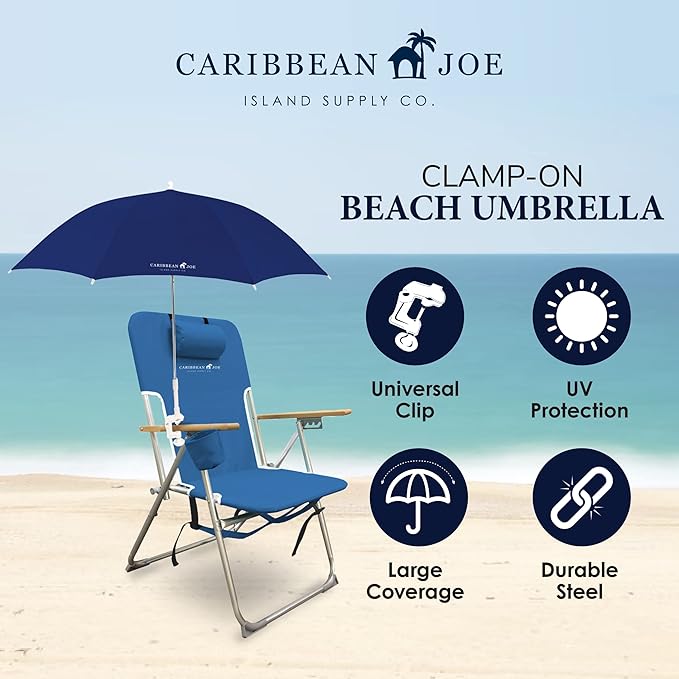 Caribbean Joe Beach Umbrella for Chair, Adjustable and Universal Clamp On Beach Umbrella with UV Protection, 48 Inch Arc