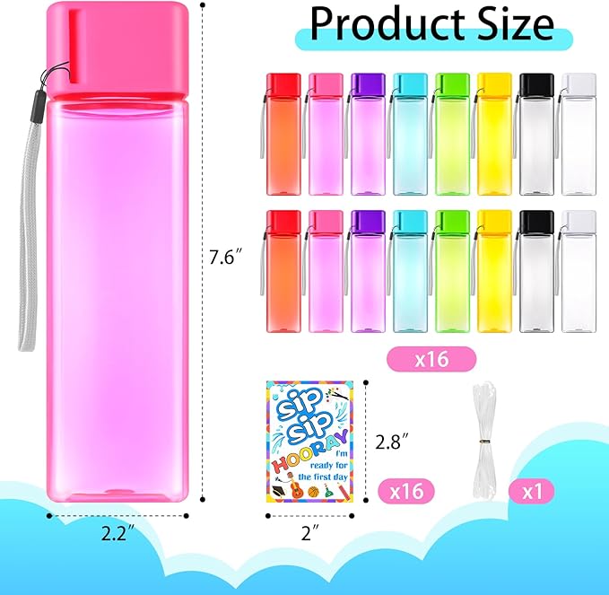 Olgaa 16 Sets Back to School Supplies Gifts for Students from Teacher Water Bottles Bulk Set for Kids 16oz with Card Reusable Portable Plastic Sports Drink Water Bottles Bulk for School Classroom