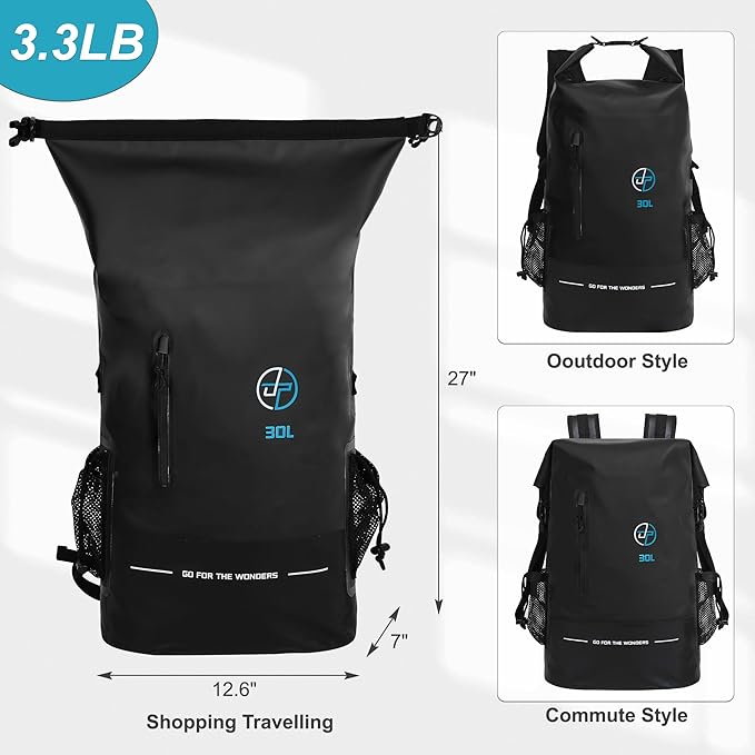 UPWELL 30L Waterproof Dry Bag Boating Backpack for Travel Hiking Camping Kayaking Hiking Swimming Floating Submersible Dry Bag Black
