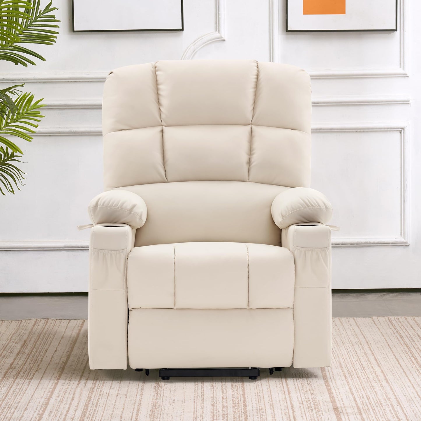 MCombo Medium Lay Flat Dual Motor Power Lift Recliner Chair Sofa with Massage and Heat for Elderly People, Infinite Position, Faux Leather 7679 (Cream White, Medium)