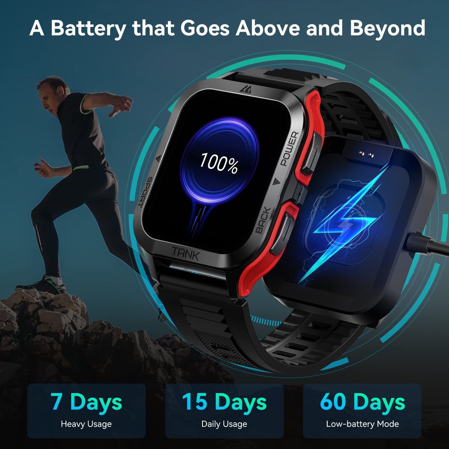 AMAZTIM Smart Watch, 60 Days Extra-Long Battery, 50M Waterproof, Rugged Military Bluetooth Call(Answer/Dial Calls), 1.85" Ultra Large HD Display, AI Voice Assistant, Compatible for Android and iOS-Red