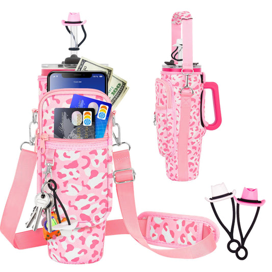 Water Bottle Carrier Bag with Phone Pocket and 2 Straw Covers Compatible with Stanley/Meoky/BrüMate 40 oz Tumbler with Handle,Water Bottle Holder with Adjustable Strap Fits for Stanley Cup Accessories