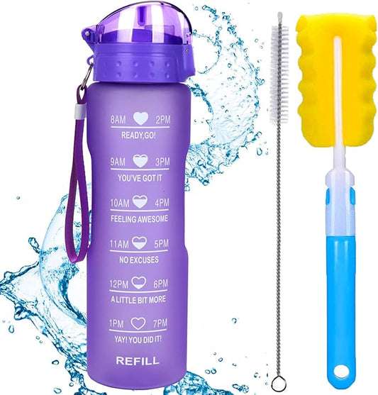 XACIOA Water Bottle with Straw,32oz Plastic Cup with Motivational Time Marker,1L Tritan Sport Lightweight Leakproof BPA-Free,Wide Mouth Fast Flow Ensure You Have Times to Drink,with Straw & Cup Brush