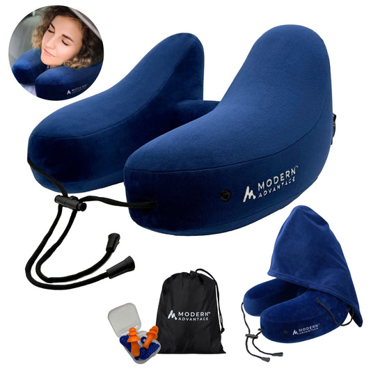 Modern Advantage Inflatable Travel Pillow for Airplanes – Hooded Neck Pillow with Adjustable Support – Comfortable, Compact & Travel-Friendly – Perfect for Sleeping on Long Flights (Blue)