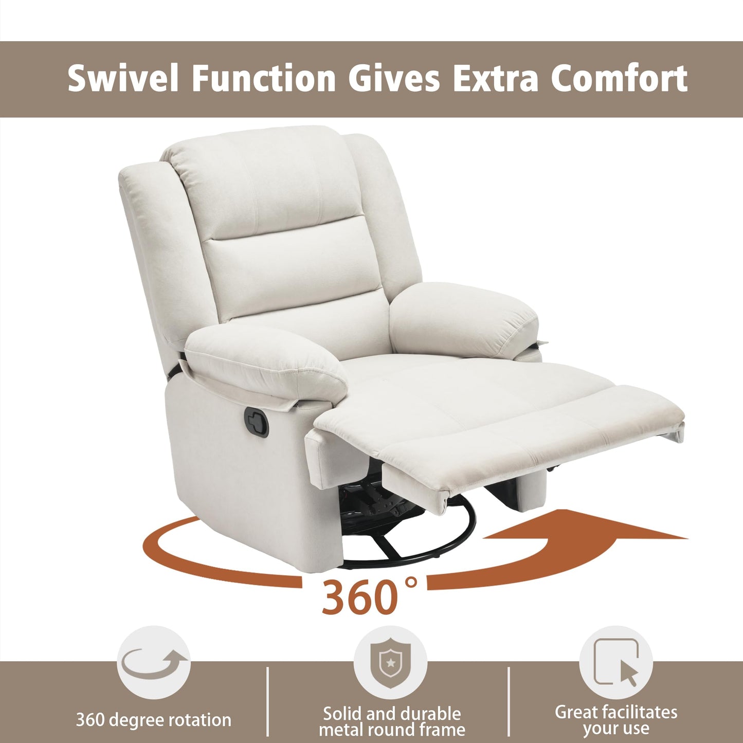 Ketaiyou Swivel Rocking Recliner Chair for Adults, Overstuffed Manual Rocker Nursery Recliner Glider, Upholstered Fabric Reclining Single Sofa Chair for Living Room (Beige)