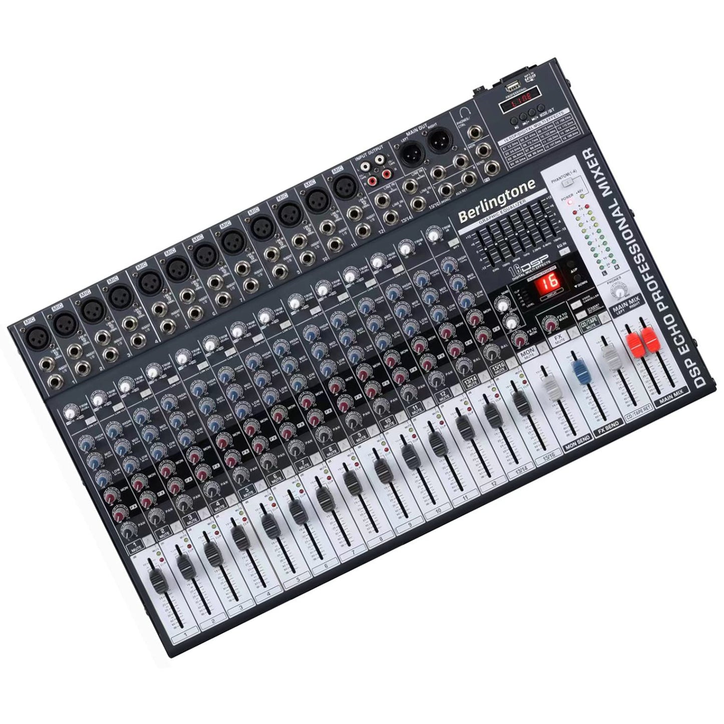 -Berlingtone,16 Channel Professional Bluetooth Studio Audio Mixer - DJ Sound Controller, USB MP3 Player, 14 Microphone Jack, 7 Band EQ, 16 BIT Digital FX, 48V Phantom Power, Unpowered (BR-166MX)