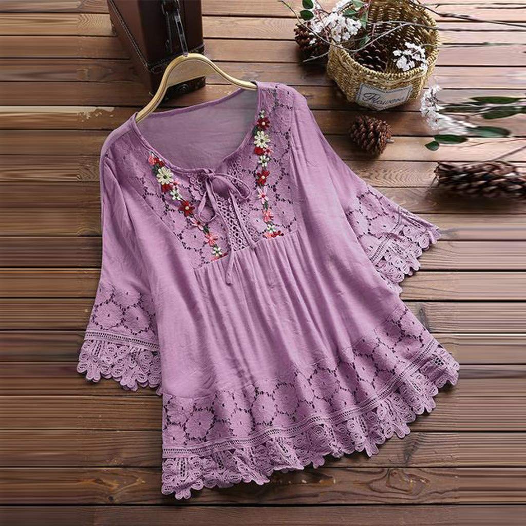 Aniywn Women Round Neck Lace Up Lace Patchwork Flare Pullover Top Casual Plus Size 3/4 Sleeve Floral Printed T-Shirt Purple