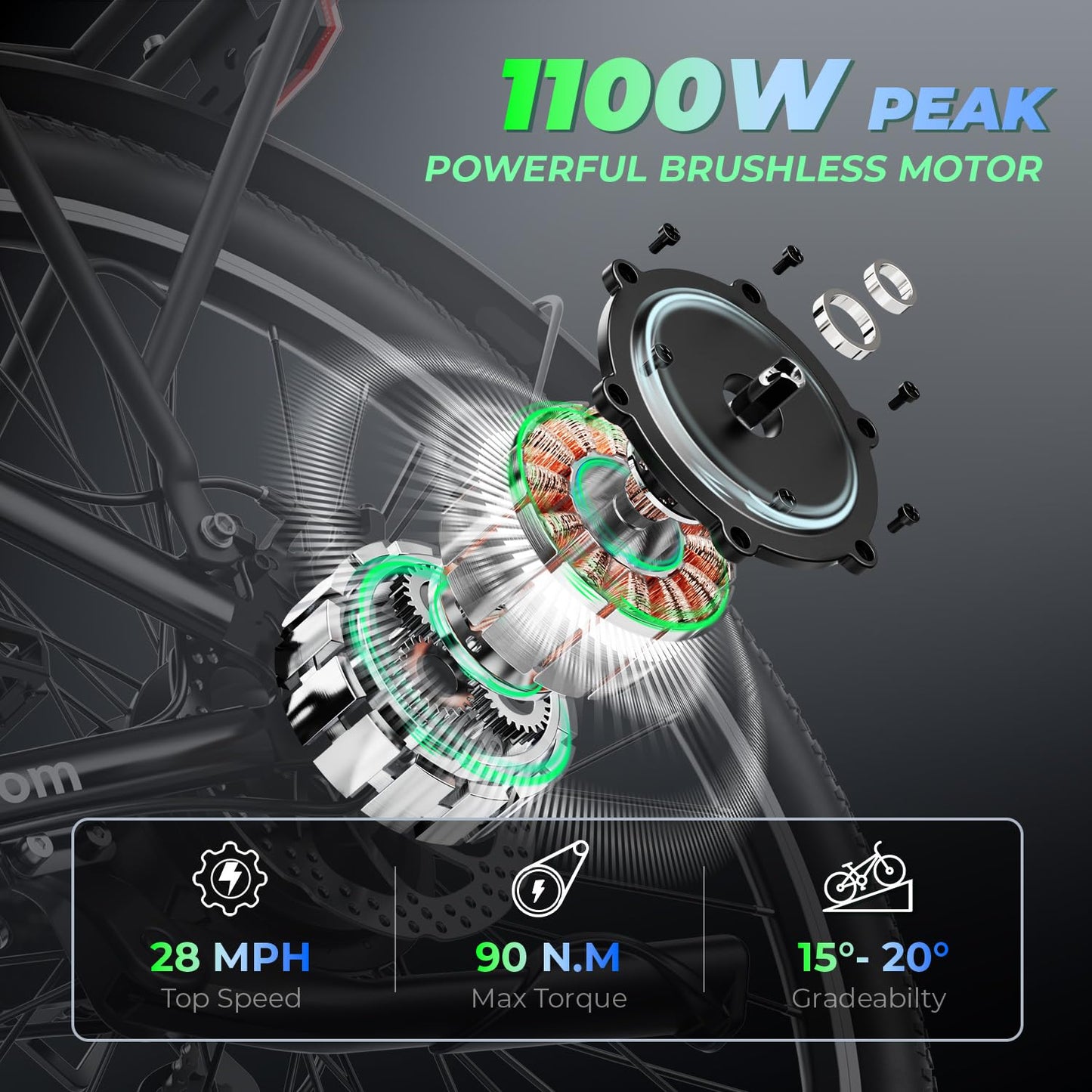 Aipas C1 Plus Electric Bike for Adults with 1100W Motor Peak, 48V 12.8Ah, Max 62 Miles 28MPH, 26" Step-Thru Electric Commuter Bike with 7-Speed and Suspension System with Basket Combo.